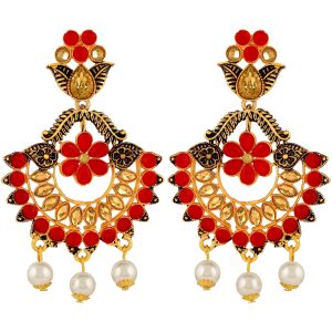 red-floral-kundan-earrings
