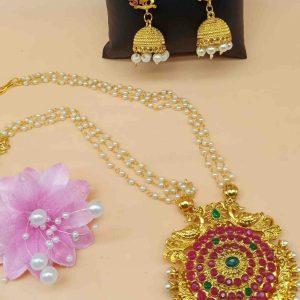 Triple Strand Faux Pearl Necklace with Rhinestone Pendant