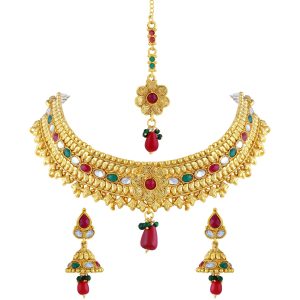 Kundan Studded Gold Tone Choker Necklace Set with Mangtikka