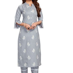 Grey Cotton Floral Printed Kurti with Bottom with Dupatta