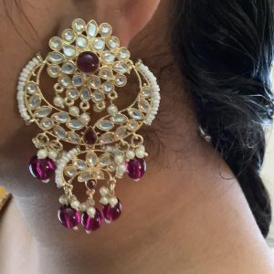 Purple Chandabali Earrings with Faux Pearls
