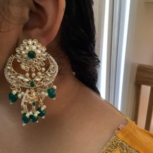 Green Chandabali Earrings with Faux Pearls