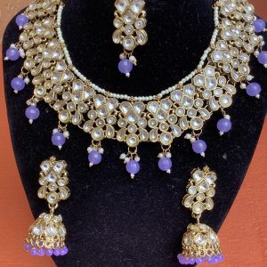 Purple Kundan Jhumka Necklace Set with Maang