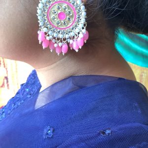Pink Circle Kundan Studded Saree Earrings with Dangling Beads