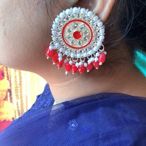 Red Circle Kundan Studded Saree Earrings with Dangling Beads