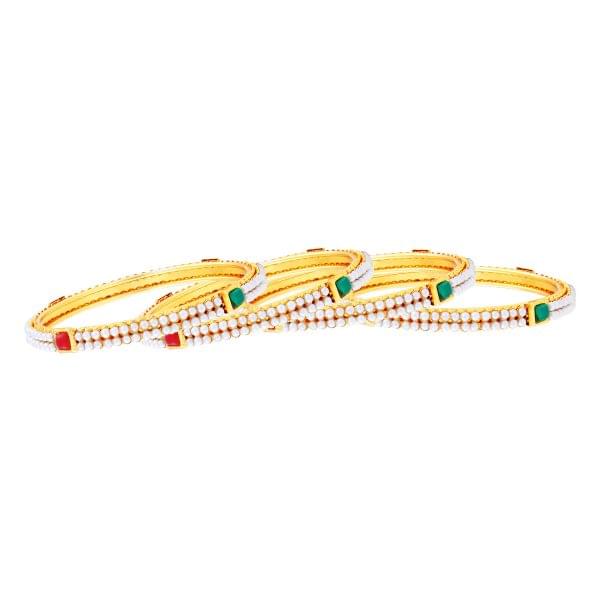 Pearl Studded Gold Bangle Set with Enamel Stones - Image 2