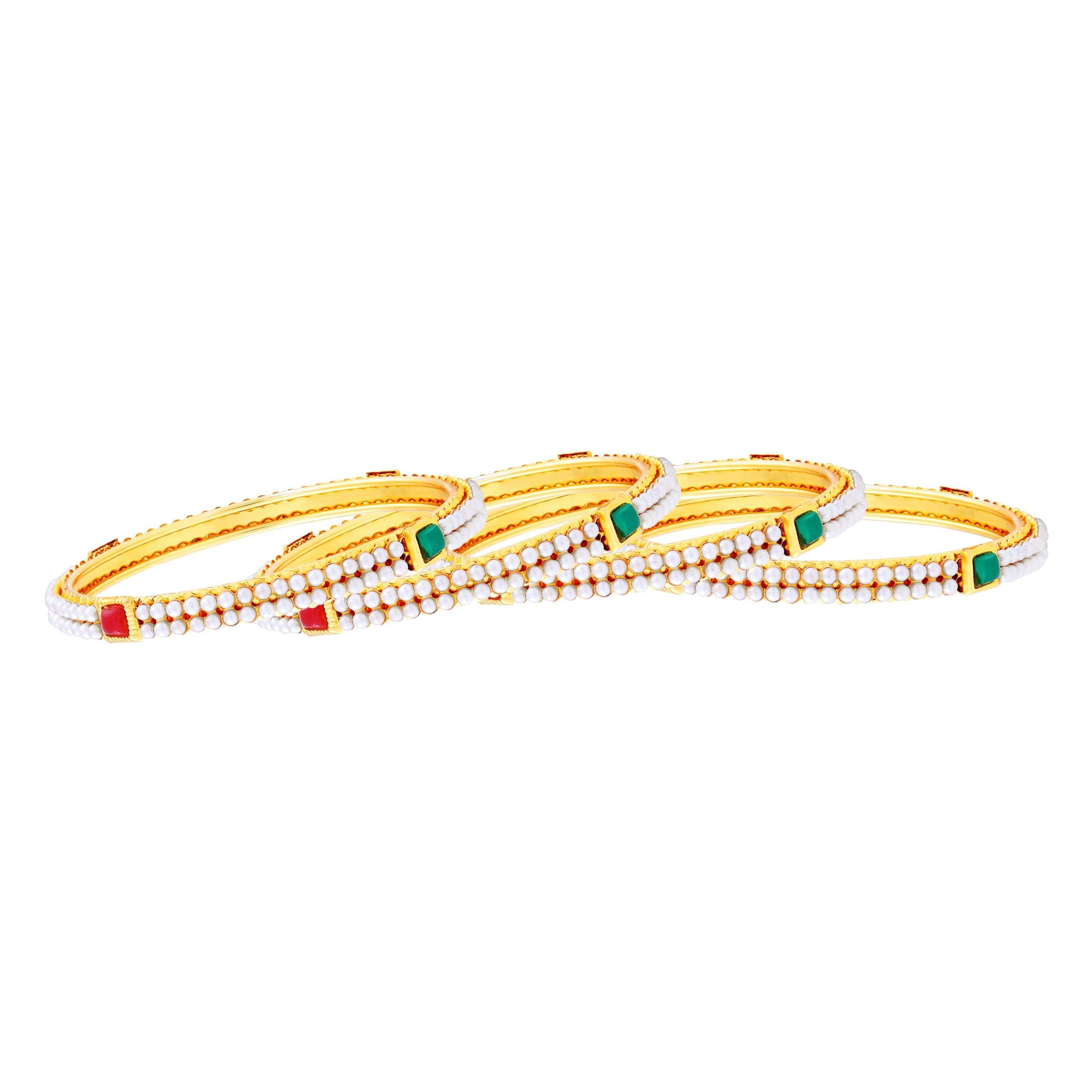 Pearl Studded Gold Bangle Set with Enamel Stones - Image 2