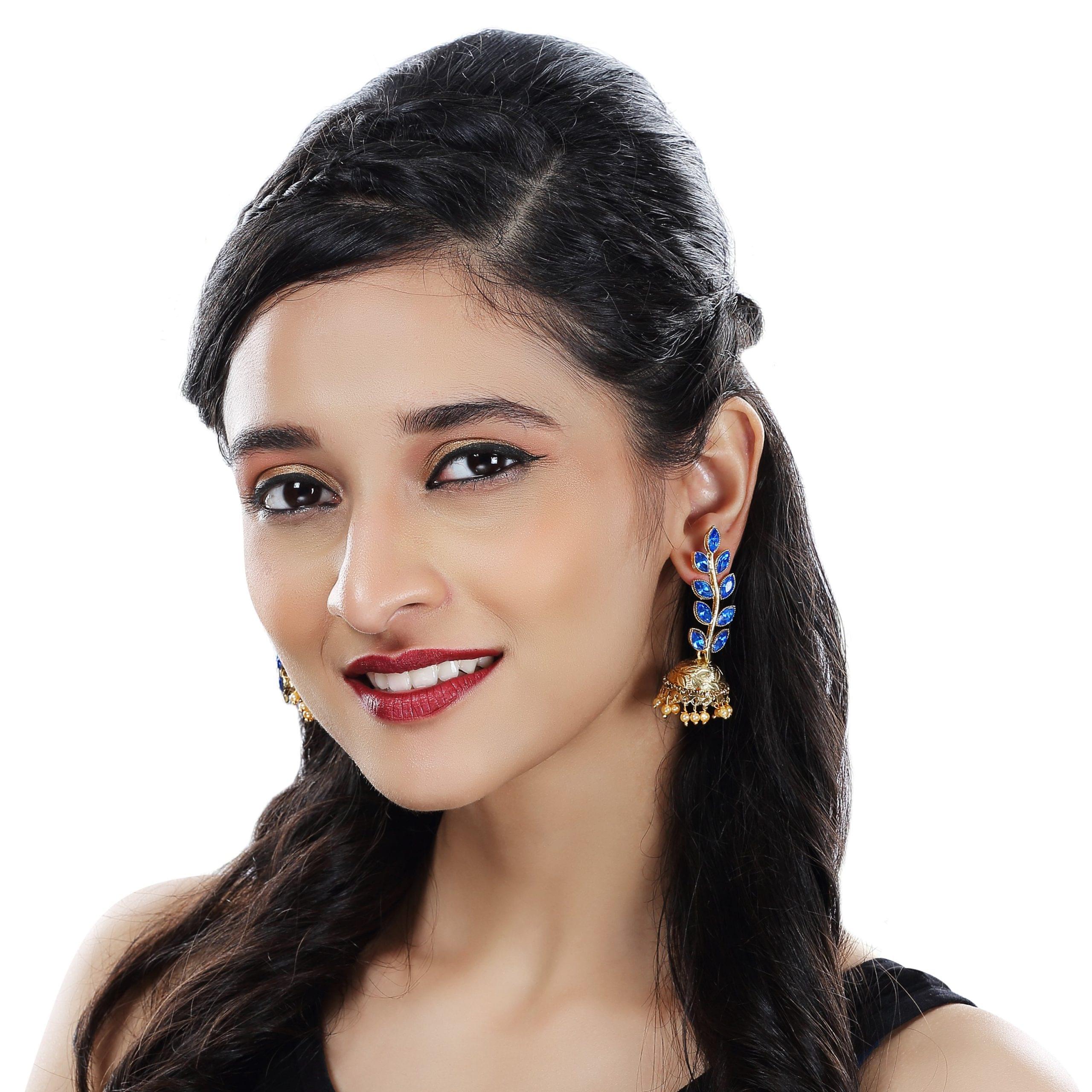 Blue Jhumka Earrings with Dangling Faux Pearls - Image 3