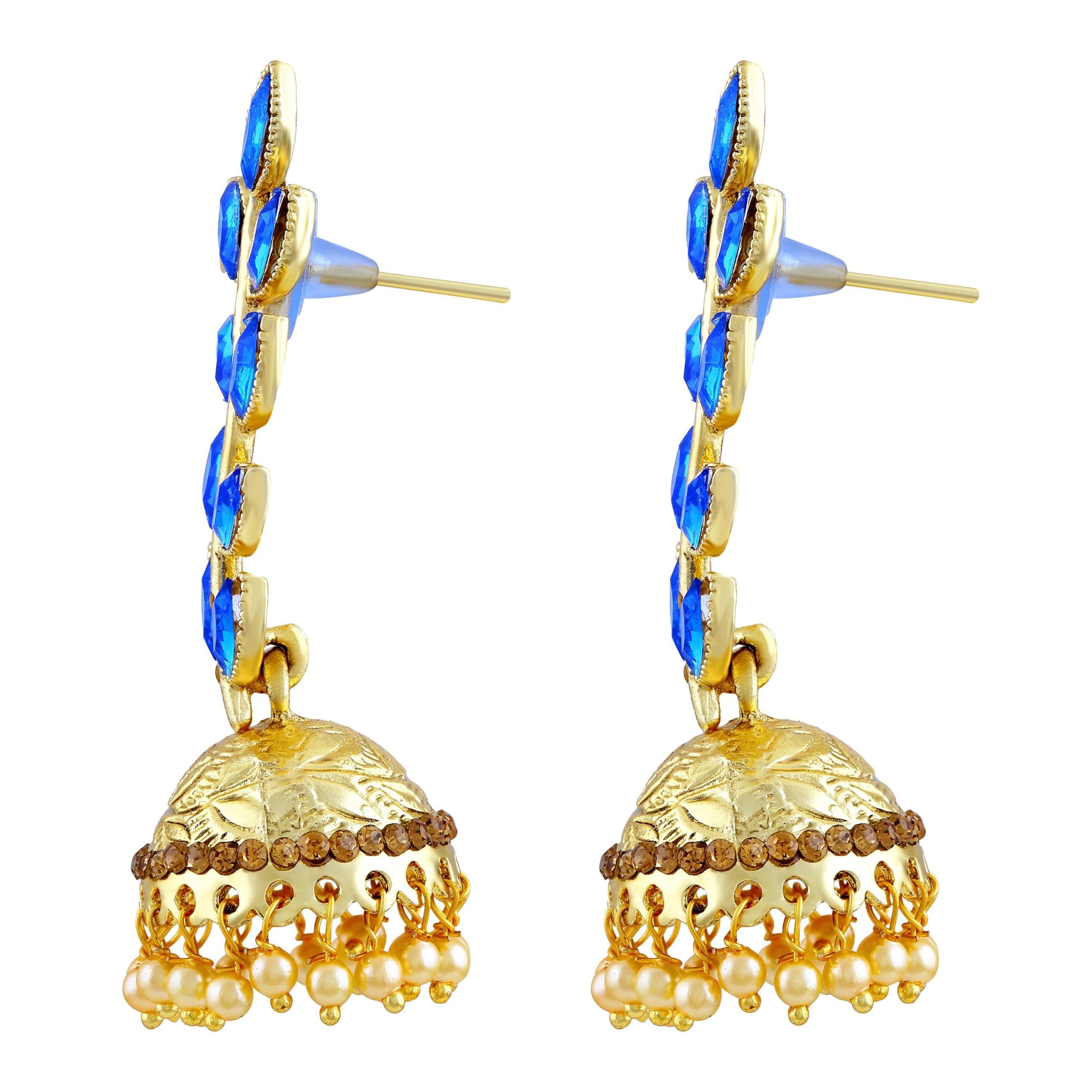 Blue Jhumka Earrings with Dangling Faux Pearls - Image 2