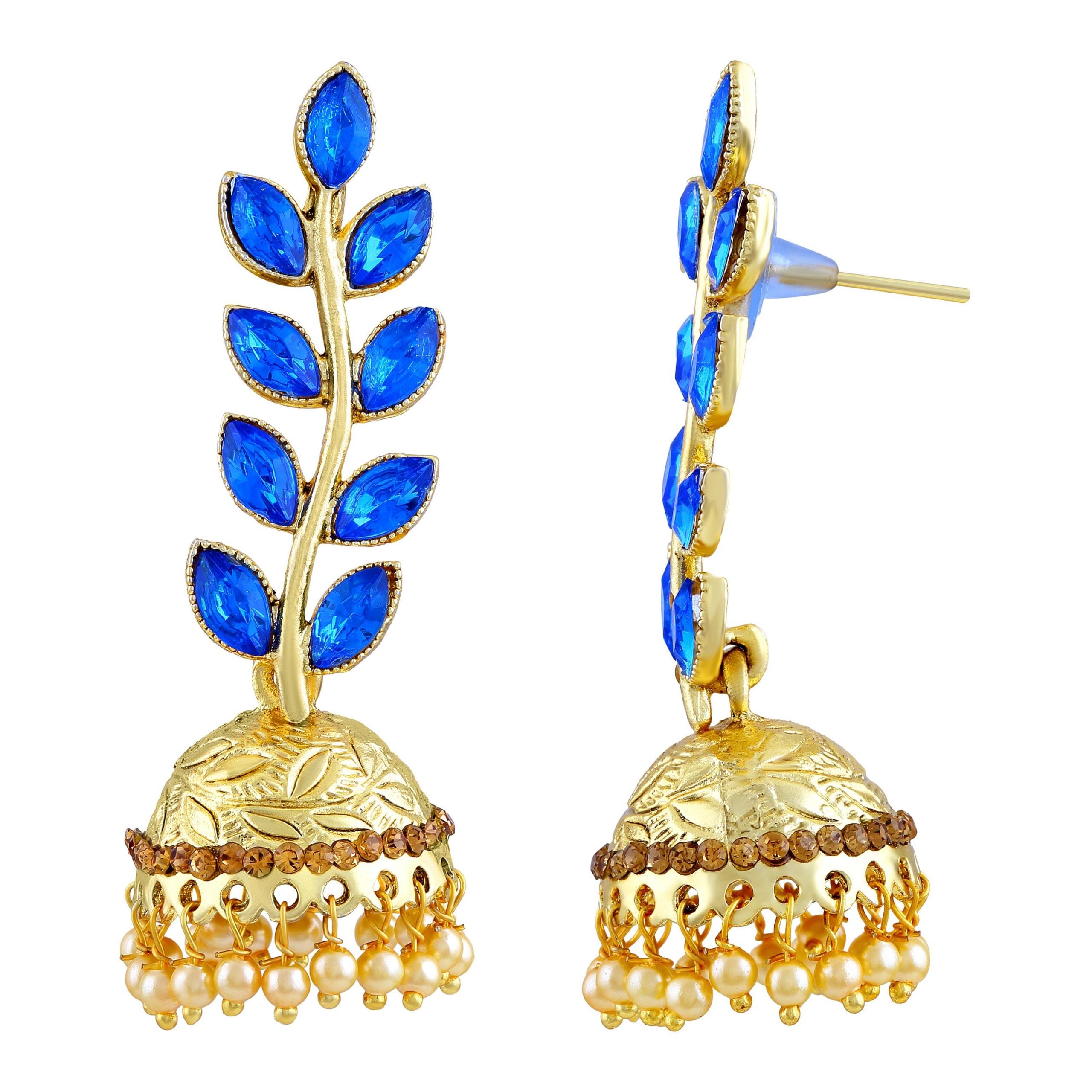 Blue Jhumka Earrings with Dangling Faux Pearls - Image 4