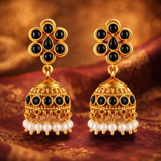 Black Flower Design Jhumka Earrings with Dangles