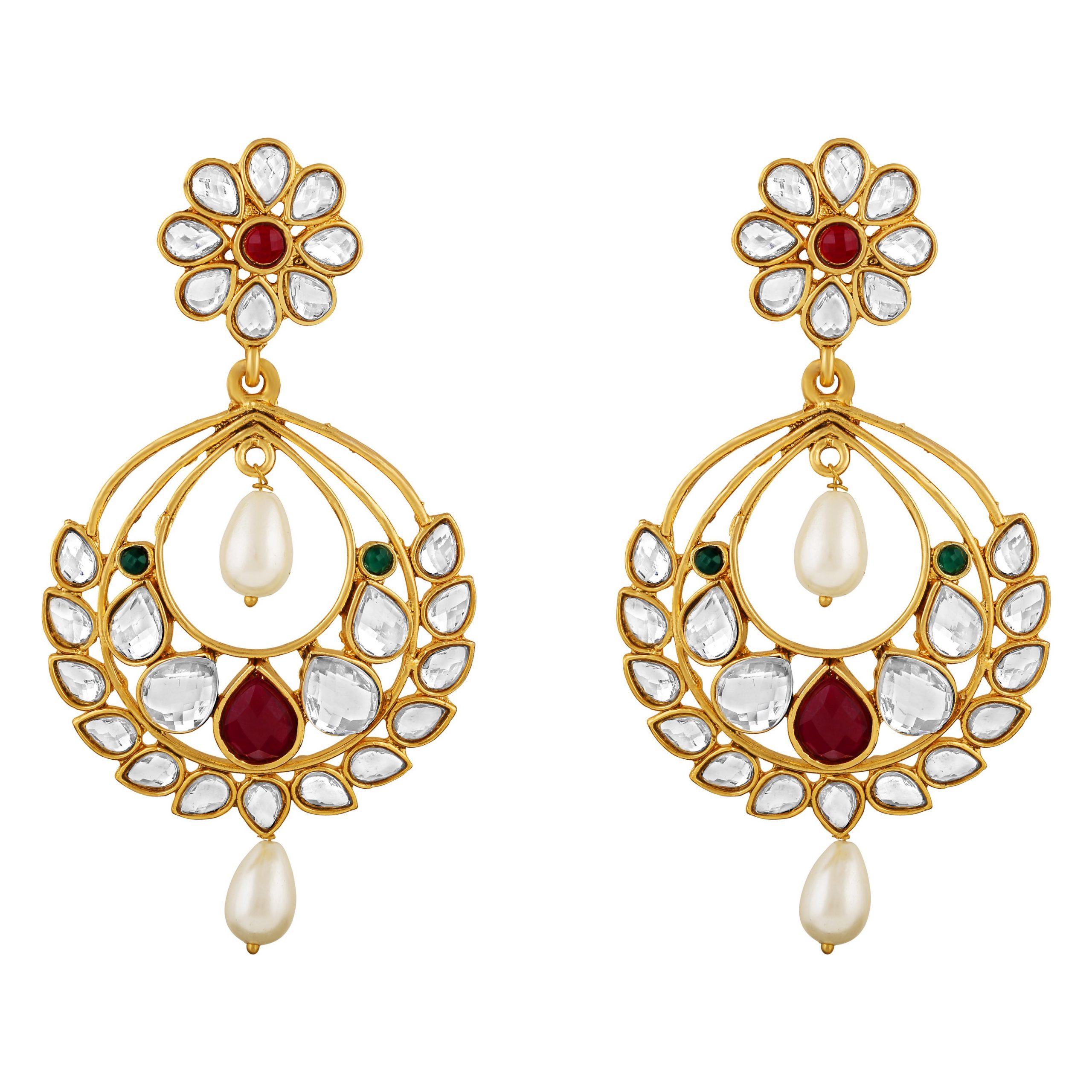 Floral Chandbali Earrings with Enamel Stones - Shafalie’s Fashions