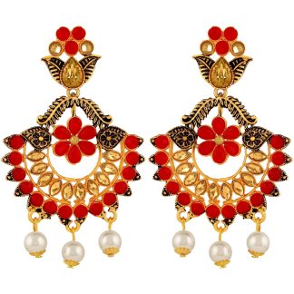 red-floral-kundan-earrings