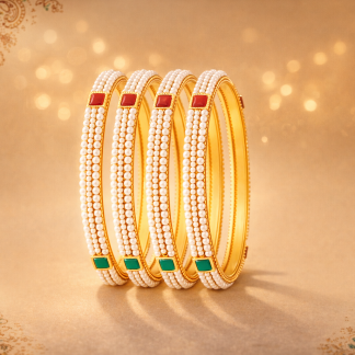 Pearl Studded Gold Bangle Set with Enamel Stones