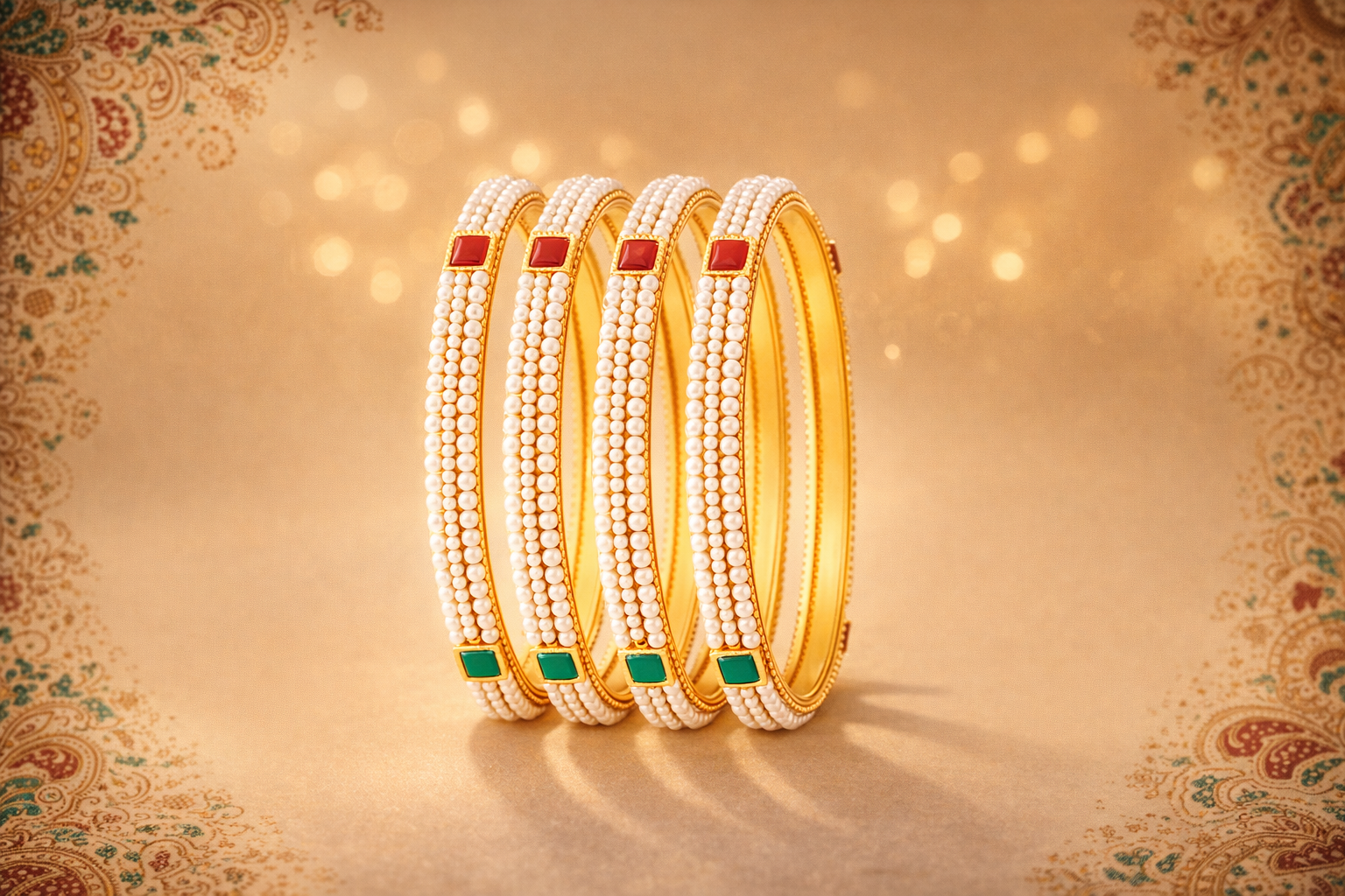 Pearl Studded Gold Bangle Set with Enamel Stones