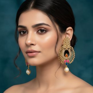 Multicolor gold statement earrings with colorful stones and pearl drops