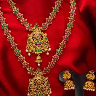 Floral Gold Plated Necklace with Green and Red Rhinestones