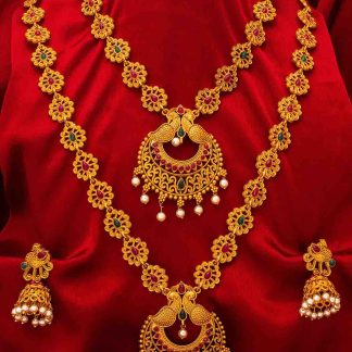 Gold Plated Necklace with Red and Green Rhinestones
