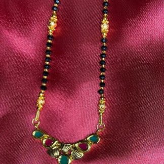 Black Beaded Mangal Sutra with Red and Green Enamel with Crystals