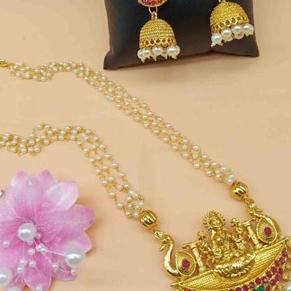 Triple Strand Faux Pearl Necklace with Lakshmi Pendant