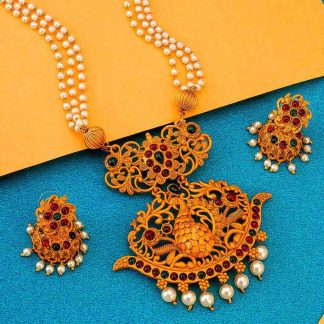 Triple Strand Faux Pearl Necklace with Rhinestone Pendant
