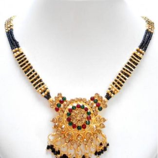 Triple Strand Black Bead with Pendant with Hanging Beads