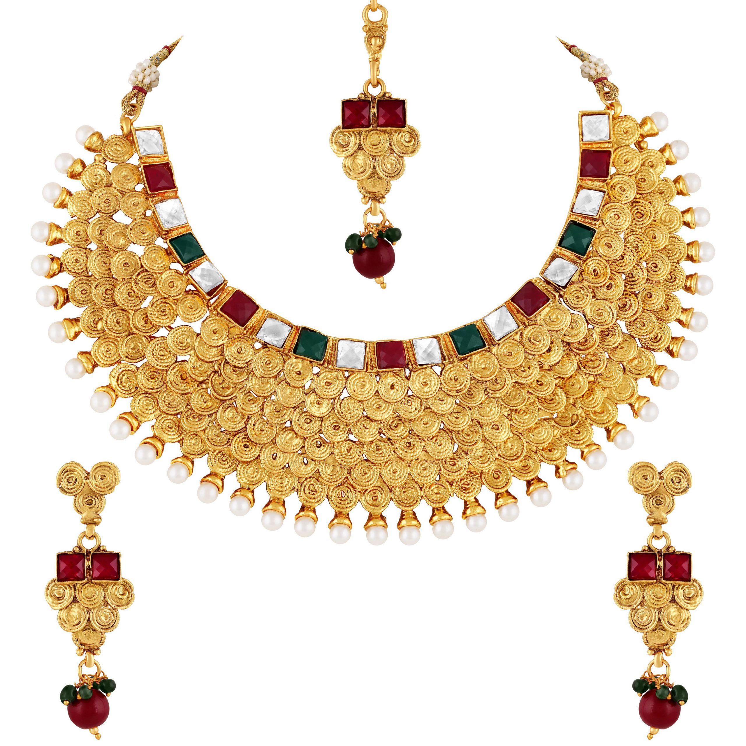 Traditional Jalebi Shape Bridal Gold Tone Choker Multi Color Stone Necklace Set With Maang Tikka