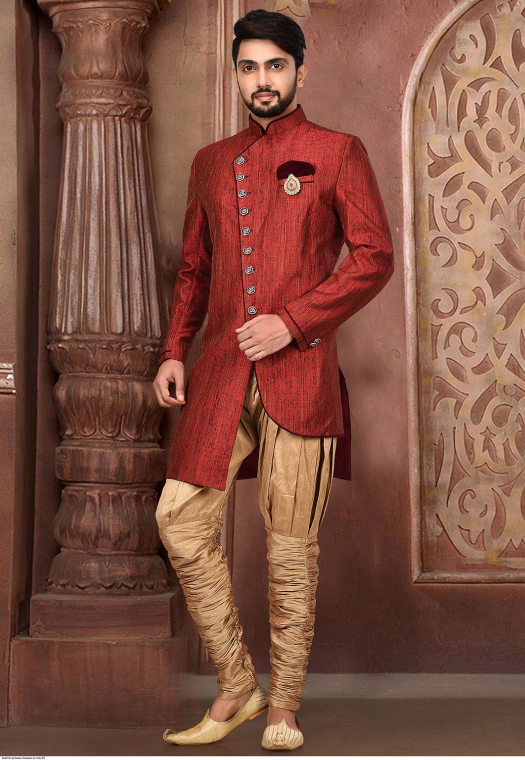 Kashmiri Jamawar Asymmetrical Red Sherwani - Shafalie’s Fashions