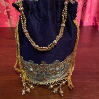 Navy Blue Floral Embroidered Cylinder Potli Bag
