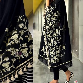 Black Dupatta with Fringe and Tassle Border