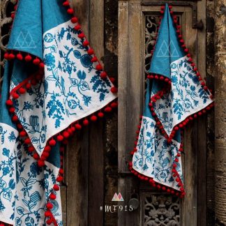 Blue and White Block Design with Red Tassle Border