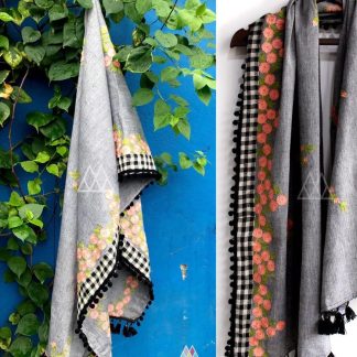 Gray Dupatta with Fringe and Pom Pom Border