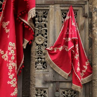Red Floral Design Dupatta with a Fringe and Pom Pom Border