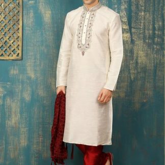 White Kurta with Red and Silver Accented Embroidery