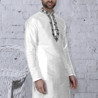 White Kurta with Black Embroidery Accent