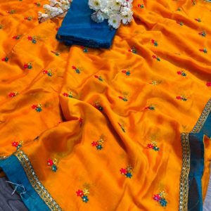 pumpkin-blue-colored-dola-saree