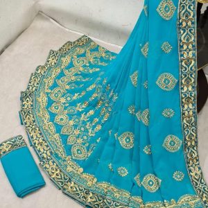 turquoise-heavy-embroidered-saree
