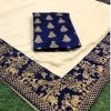Cream and Blue Saree with Jacquard Border - Image 2