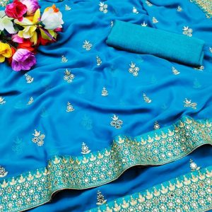 turquoise-mirror-work-saree