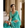 Turquoise Georgette Saree with Floral Pattern - Image 2
