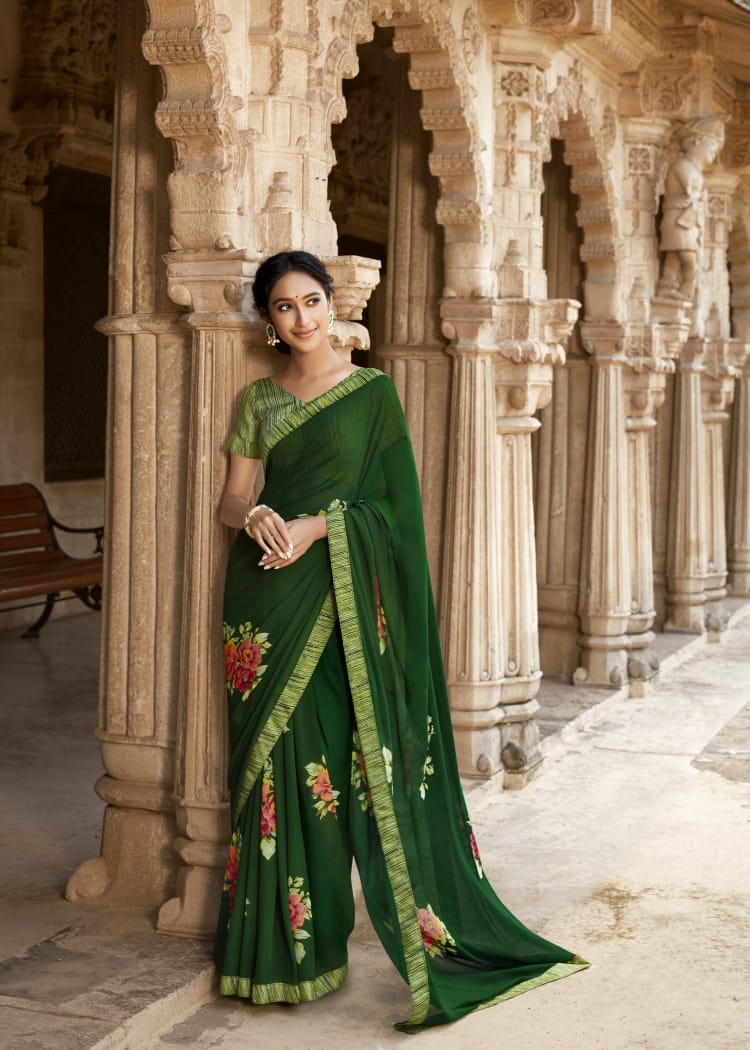 Dark Green Silk Fabric Embroidered Saree