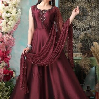 Burgundy Taffeta Silk Pakistani Suit with Dupatta