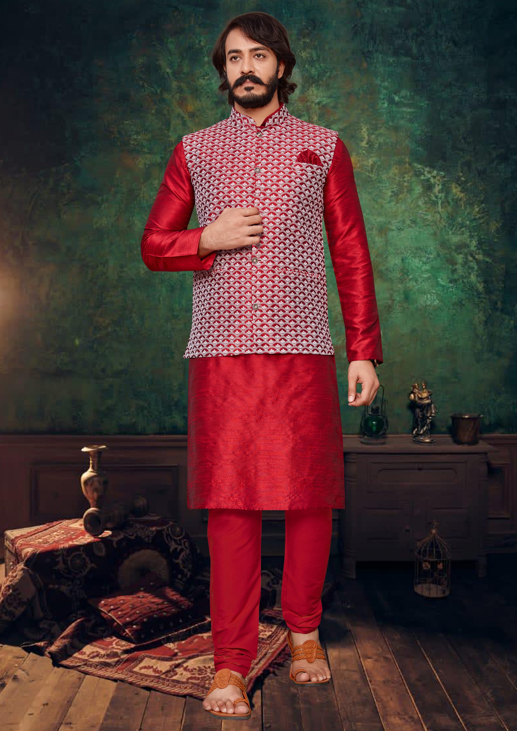 Red Embroidered Modi Vest with Kurta Pajama - Shafalie’s Fashions