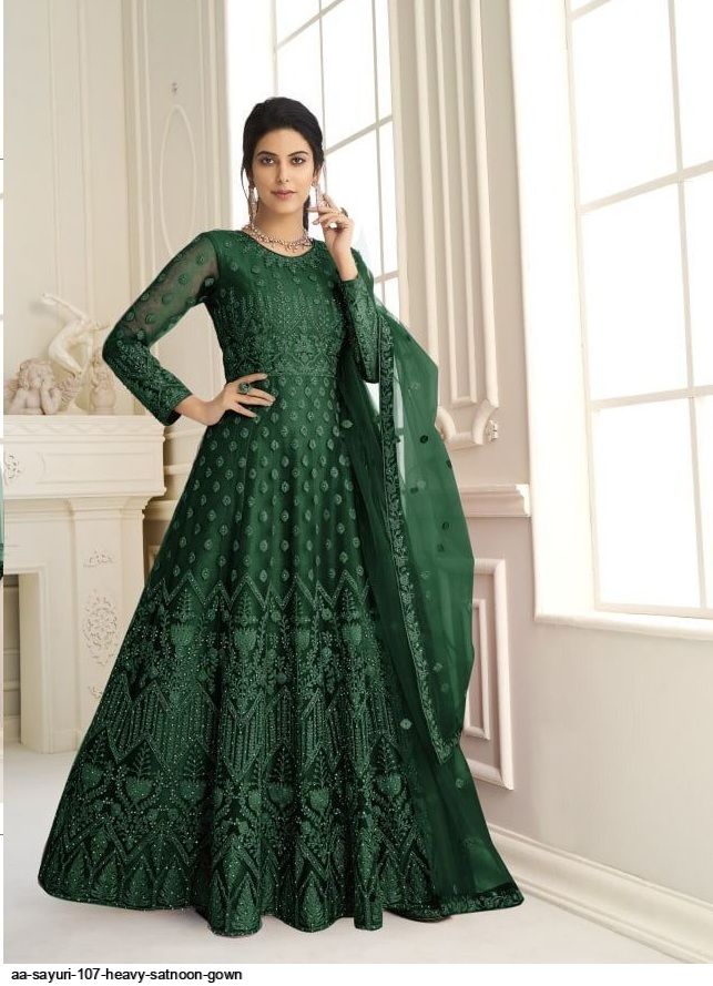 Green Long Anarkali Gown with Bottom and Embroidered Dupatta – Ville  Fashions