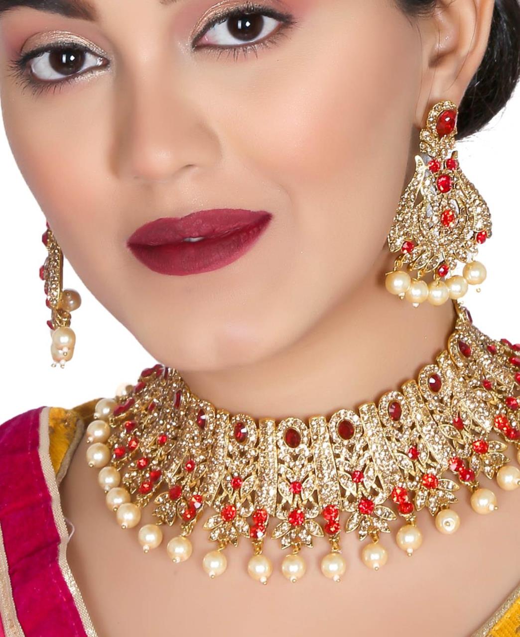 Matte Finish Red Stone Choker - South India Jewels
