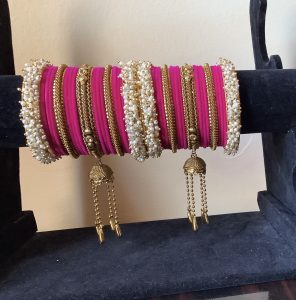 pink-jhumka-and-pearl-bangle-set