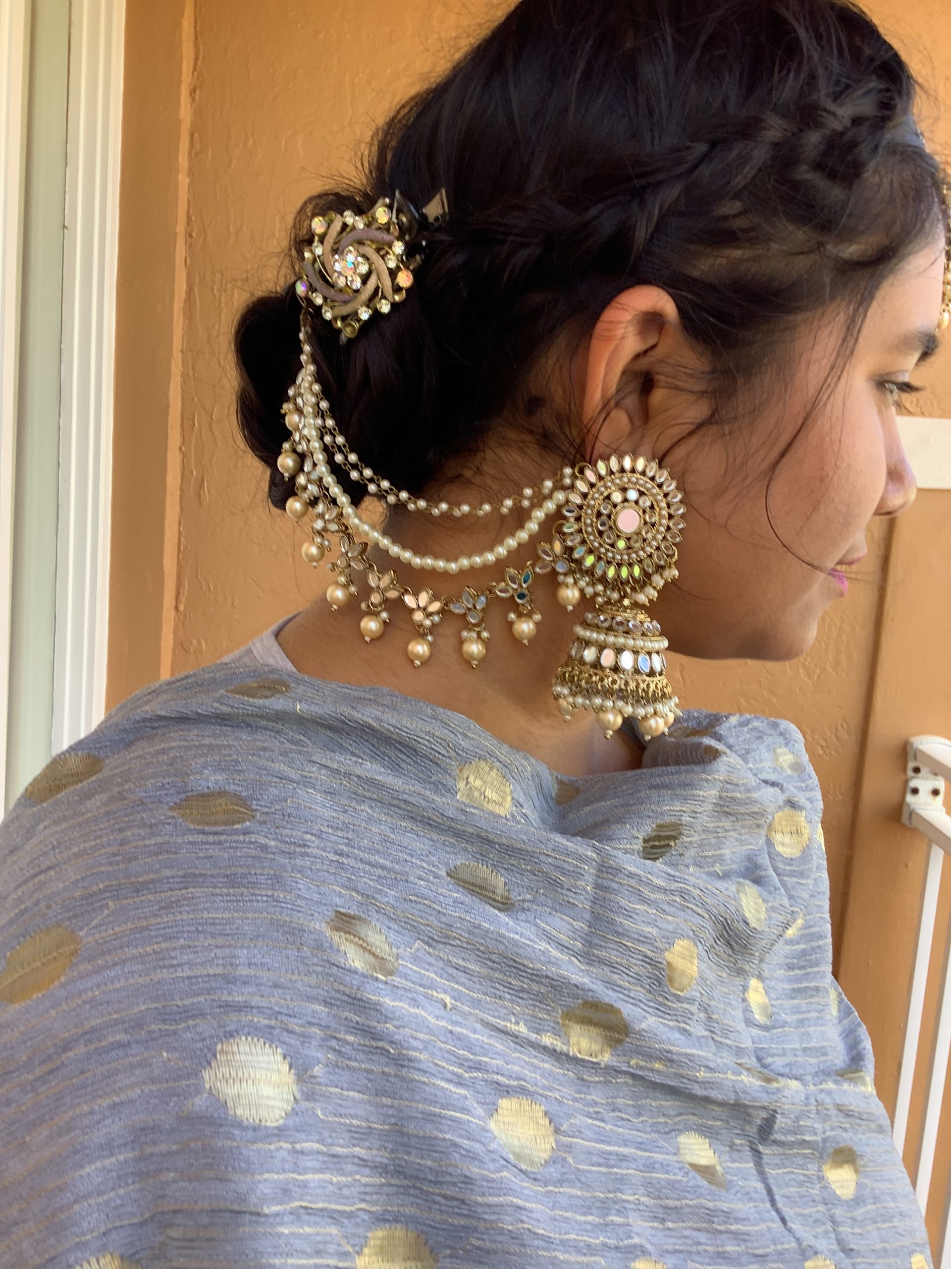 Gold Plated Pearl  Kundan Bahubali Earrings With Hair Chain  Classiques   3156825