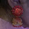 Red Floral Stud Jhumka with Beads - Image 2