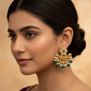 Champagne Stone Chandabali Earrings with Green Beads
