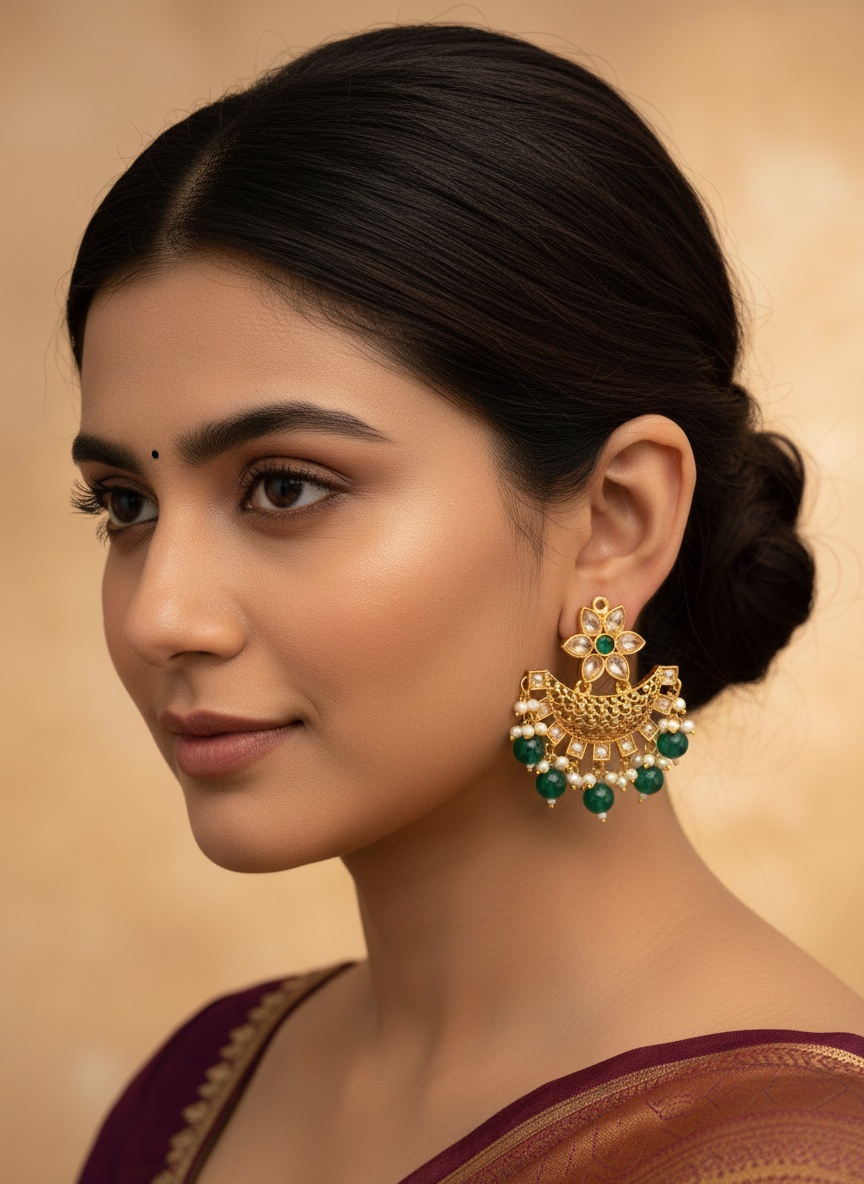 Champagne Stone Chandabali Earrings with Green Beads